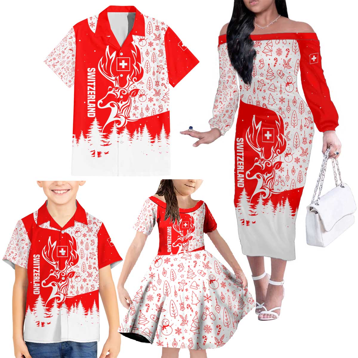 Switzerland Christmas Family Matching Off The Shoulder Long Sleeve Dress and Hawaiian Shirt with Red Reindeer Snow Forest and Holiday Icon - Wonder Print Shop
