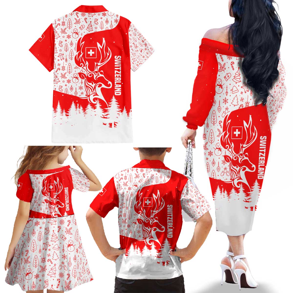 Switzerland Christmas Family Matching Off The Shoulder Long Sleeve Dress and Hawaiian Shirt with Red Reindeer Snow Forest and Holiday Icon - Wonder Print Shop