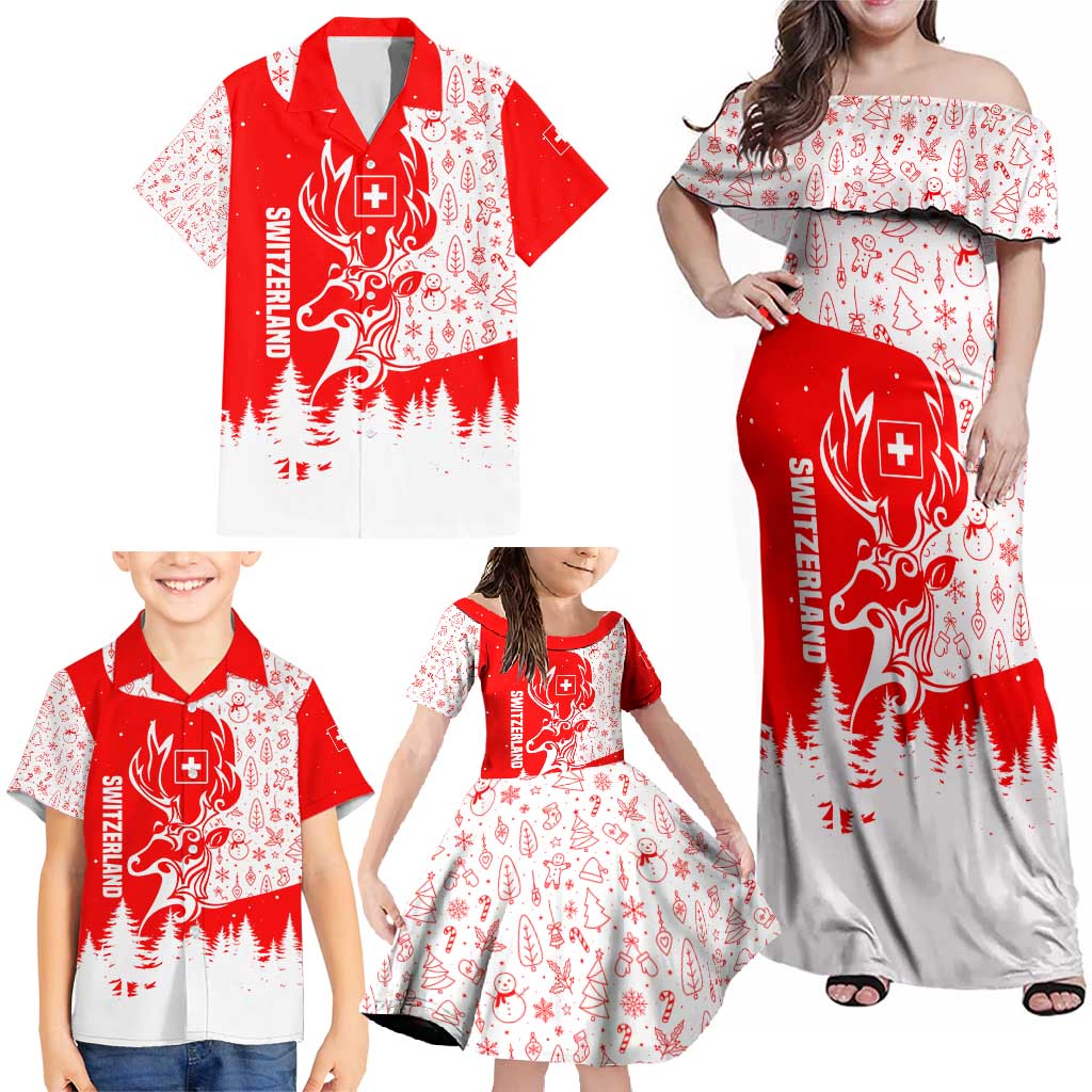Switzerland Christmas Family Matching Off Shoulder Maxi Dress and Hawaiian Shirt with Red Reindeer Snow Forest and Holiday Icon - Wonder Print Shop