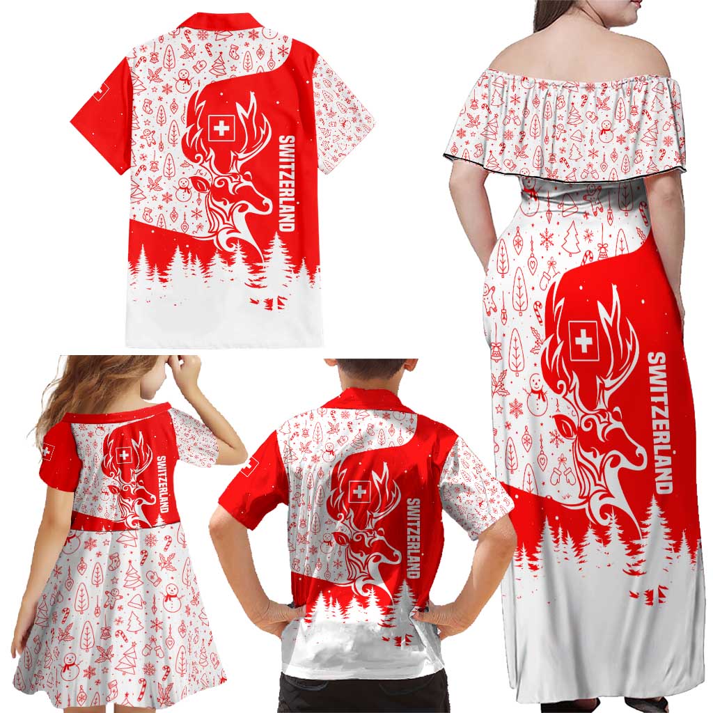 Switzerland Christmas Family Matching Off Shoulder Maxi Dress and Hawaiian Shirt with Red Reindeer Snow Forest and Holiday Icon - Wonder Print Shop