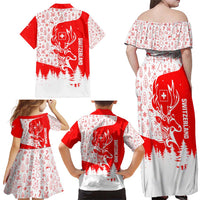 Switzerland Christmas Family Matching Off Shoulder Maxi Dress and Hawaiian Shirt with Red Reindeer Snow Forest and Holiday Icon - Wonder Print Shop