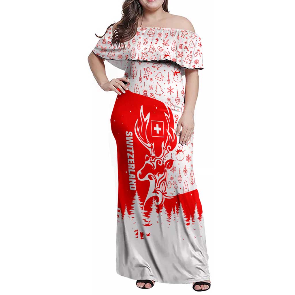 Switzerland Christmas Family Matching Off Shoulder Maxi Dress and Hawaiian Shirt with Red Reindeer Snow Forest and Holiday Icon - Wonder Print Shop