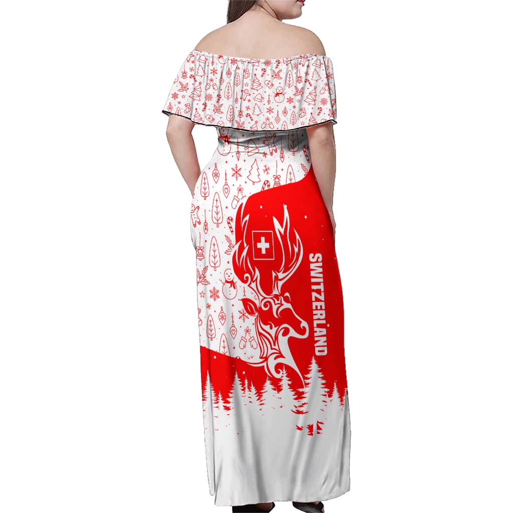 Switzerland Christmas Family Matching Off Shoulder Maxi Dress and Hawaiian Shirt with Red Reindeer Snow Forest and Holiday Icon - Wonder Print Shop