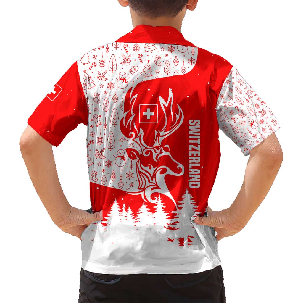 Switzerland Christmas Family Matching Off Shoulder Short Dress and Hawaiian Shirt with Red Reindeer Snow Forest and Holiday Icon - Wonder Print Shop
