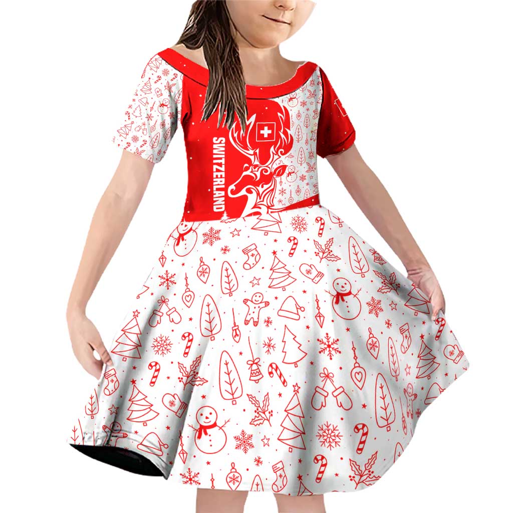 Switzerland Christmas Family Matching Off Shoulder Short Dress and Hawaiian Shirt with Red Reindeer Snow Forest and Holiday Icon - Wonder Print Shop