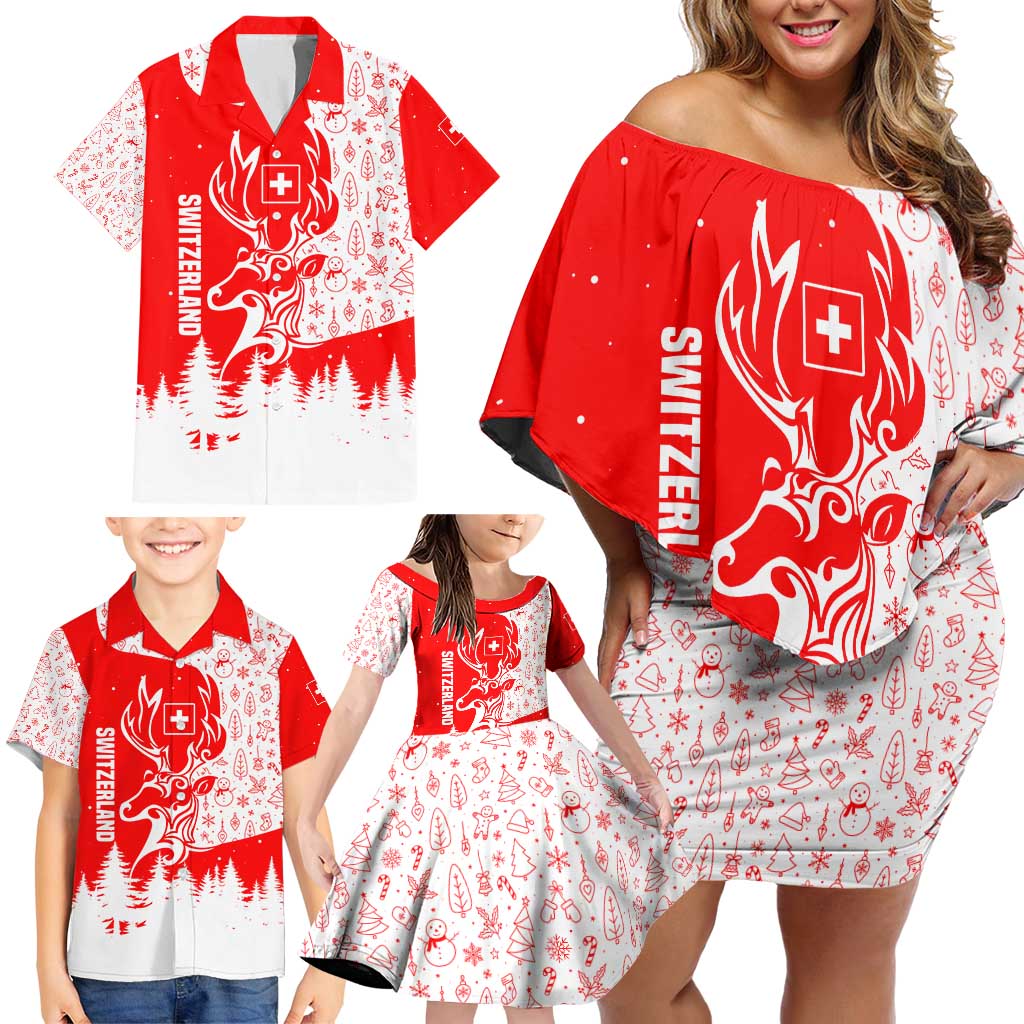 Switzerland Christmas Family Matching Off Shoulder Short Dress and Hawaiian Shirt with Red Reindeer Snow Forest and Holiday Icon - Wonder Print Shop
