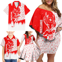 Switzerland Christmas Family Matching Off Shoulder Short Dress and Hawaiian Shirt with Red Reindeer Snow Forest and Holiday Icon - Wonder Print Shop