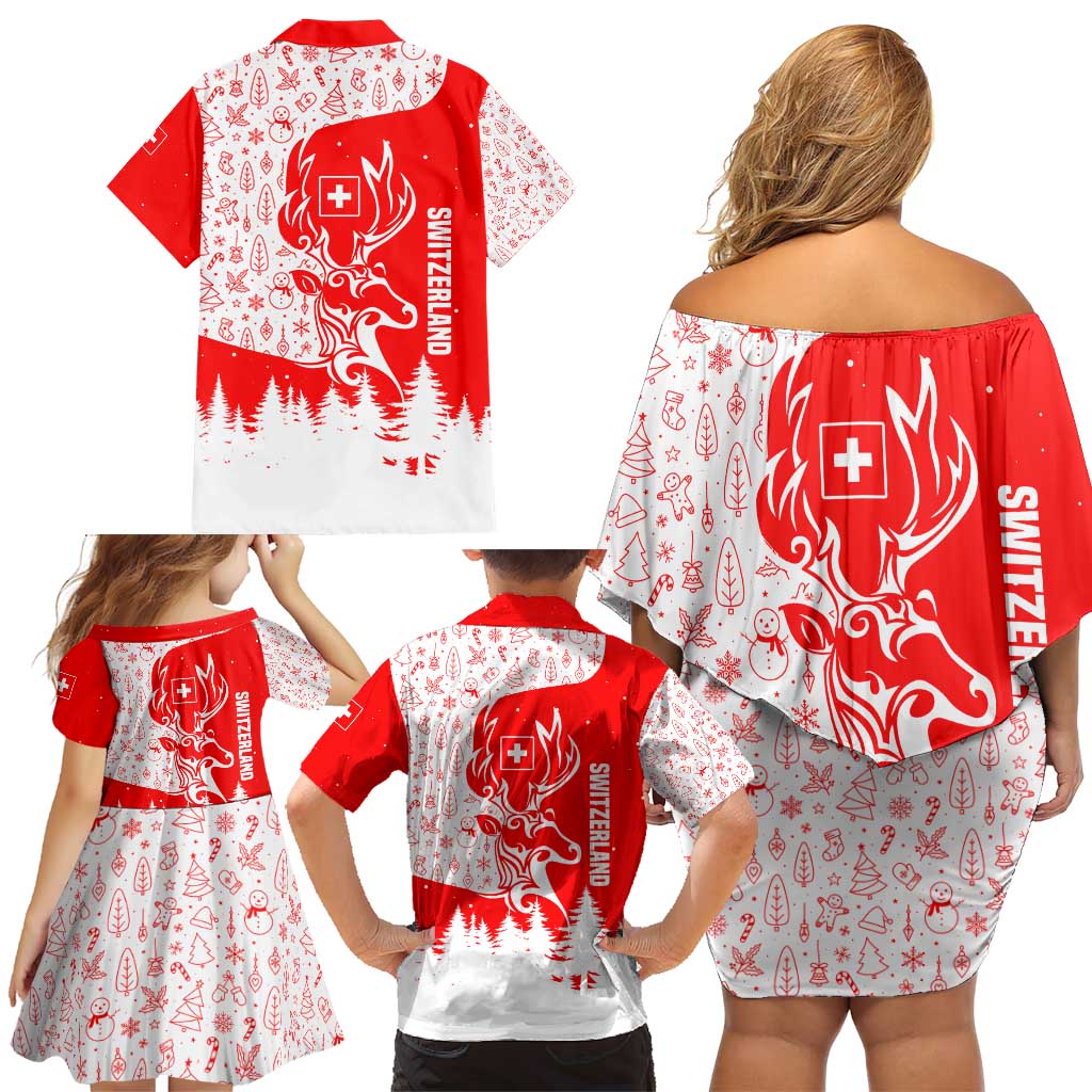 Switzerland Christmas Family Matching Off Shoulder Short Dress and Hawaiian Shirt with Red Reindeer Snow Forest and Holiday Icon - Wonder Print Shop