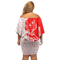 Switzerland Christmas Family Matching Off Shoulder Short Dress and Hawaiian Shirt with Red Reindeer Snow Forest and Holiday Icon - Wonder Print Shop