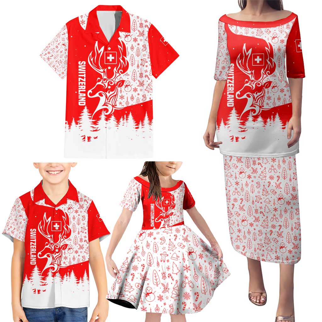 Switzerland Christmas Family Matching Puletasi and Hawaiian Shirt with Red Reindeer Snow Forest and Holiday Icon - Wonder Print Shop