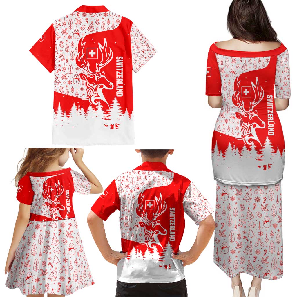 Switzerland Christmas Family Matching Puletasi and Hawaiian Shirt with Red Reindeer Snow Forest and Holiday Icon - Wonder Print Shop