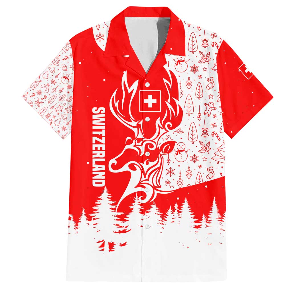 Switzerland Christmas Family Matching Puletasi and Hawaiian Shirt with Red Reindeer Snow Forest and Holiday Icon - Wonder Print Shop