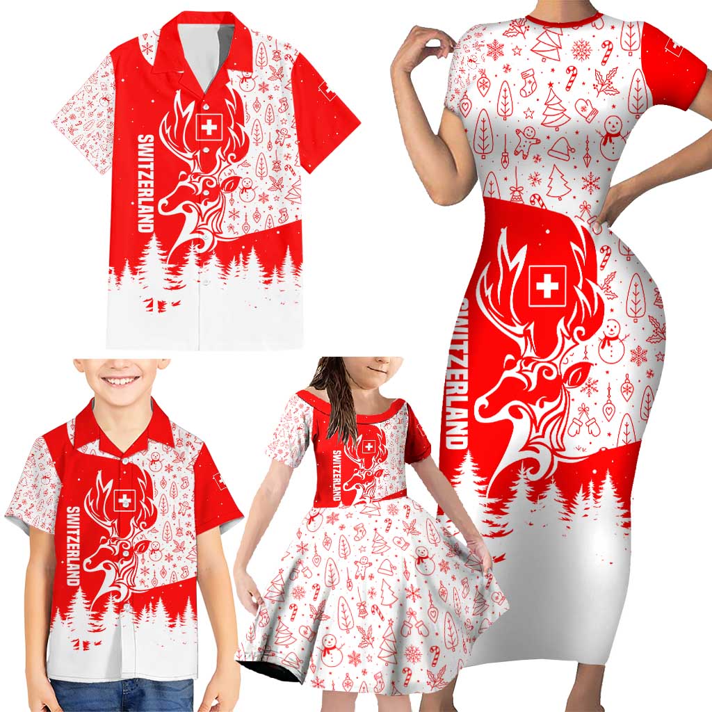 Switzerland Christmas Family Matching Short Sleeve Bodycon Dress and Hawaiian Shirt with Red Reindeer Snow Forest and Holiday Icon - Wonder Print Shop