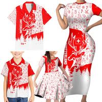 Switzerland Christmas Family Matching Short Sleeve Bodycon Dress and Hawaiian Shirt with Red Reindeer Snow Forest and Holiday Icon - Wonder Print Shop