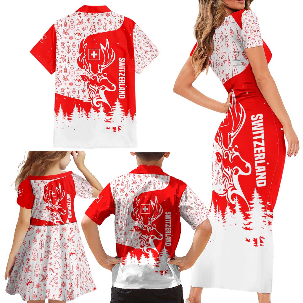 Switzerland Christmas Family Matching Short Sleeve Bodycon Dress and Hawaiian Shirt with Red Reindeer Snow Forest and Holiday Icon - Wonder Print Shop