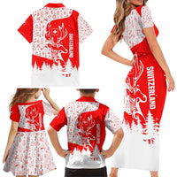 Switzerland Christmas Family Matching Short Sleeve Bodycon Dress and Hawaiian Shirt with Red Reindeer Snow Forest and Holiday Icon - Wonder Print Shop
