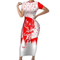 Switzerland Christmas Family Matching Short Sleeve Bodycon Dress and Hawaiian Shirt with Red Reindeer Snow Forest and Holiday Icon - Wonder Print Shop