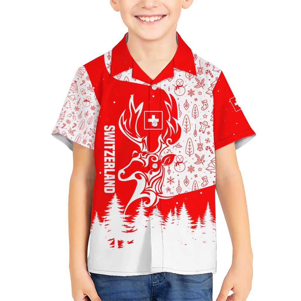Switzerland Christmas Family Matching Short Sleeve Bodycon Dress and Hawaiian Shirt with Red Reindeer Snow Forest and Holiday Icon - Wonder Print Shop