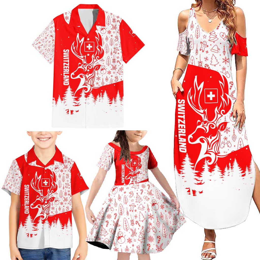 Switzerland Christmas Family Matching Summer Maxi Dress and Hawaiian Shirt with Red Reindeer Snow Forest and Holiday Icon - Wonder Print Shop