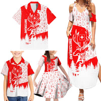 Switzerland Christmas Family Matching Summer Maxi Dress and Hawaiian Shirt with Red Reindeer Snow Forest and Holiday Icon - Wonder Print Shop