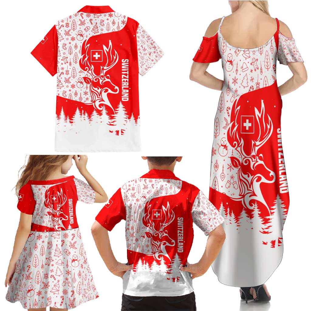 Switzerland Christmas Family Matching Summer Maxi Dress and Hawaiian Shirt with Red Reindeer Snow Forest and Holiday Icon - Wonder Print Shop