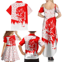 Switzerland Christmas Family Matching Summer Maxi Dress and Hawaiian Shirt with Red Reindeer Snow Forest and Holiday Icon - Wonder Print Shop