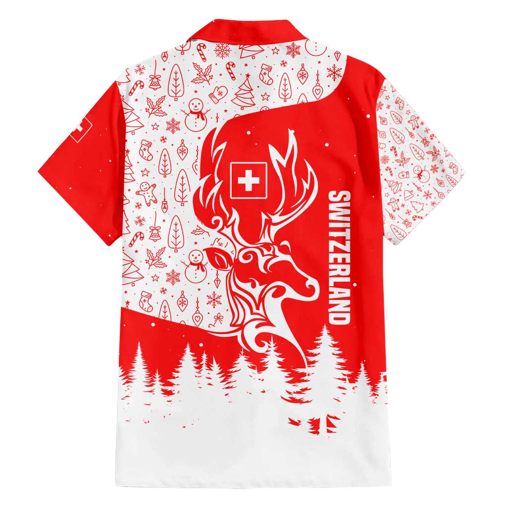Switzerland Christmas Family Matching Summer Maxi Dress and Hawaiian Shirt with Red Reindeer Snow Forest and Holiday Icon - Wonder Print Shop