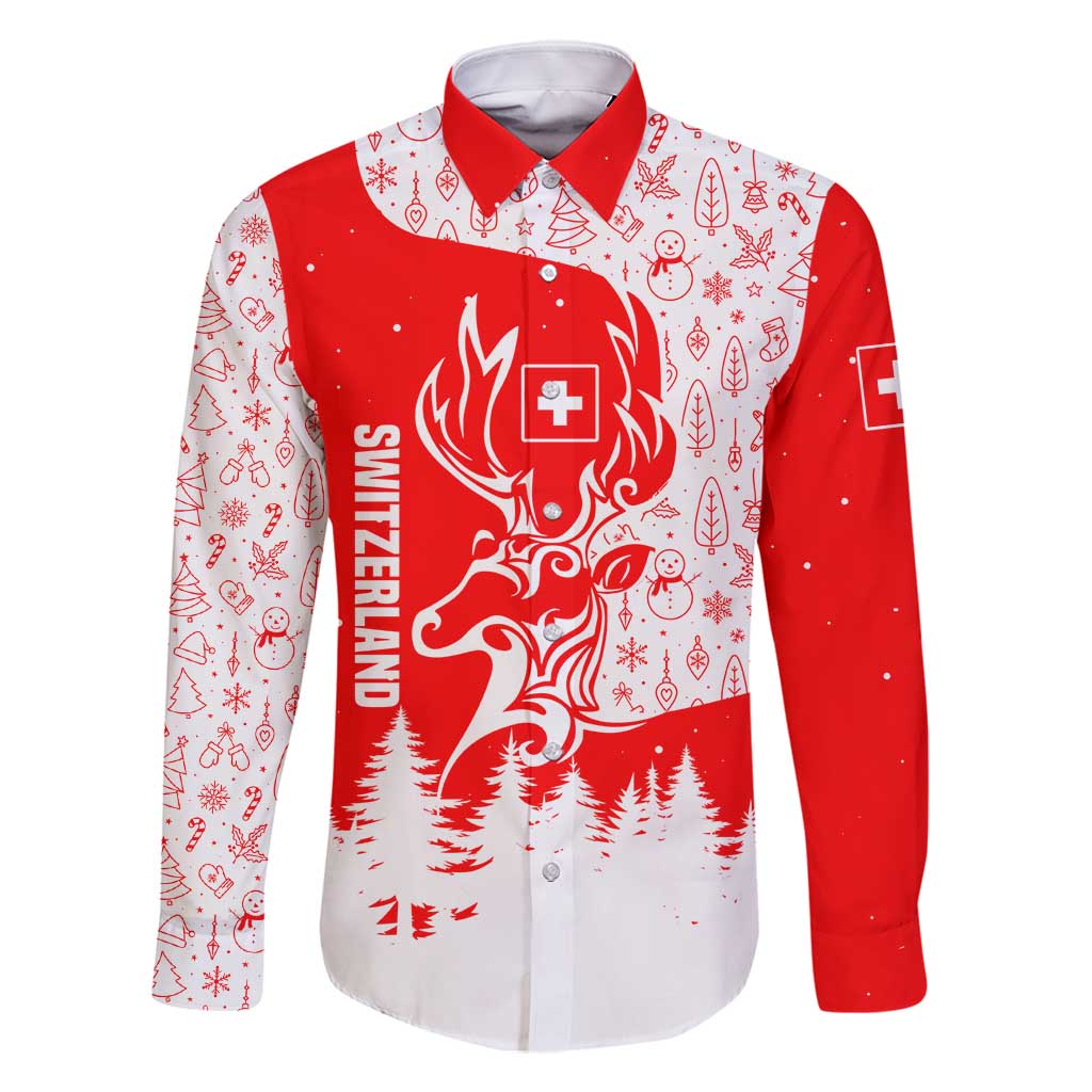 Switzerland Christmas Family Matching Summer Maxi Dress and Hawaiian Shirt with Red Reindeer Snow Forest and Holiday Icon - Wonder Print Shop