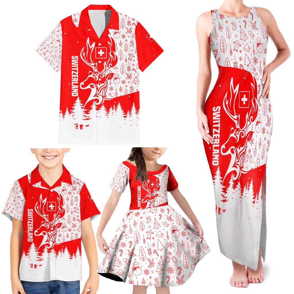 Switzerland Christmas Family Matching Tank Maxi Dress and Hawaiian Shirt with Red Reindeer Snow Forest and Holiday Icon - Wonder Print Shop