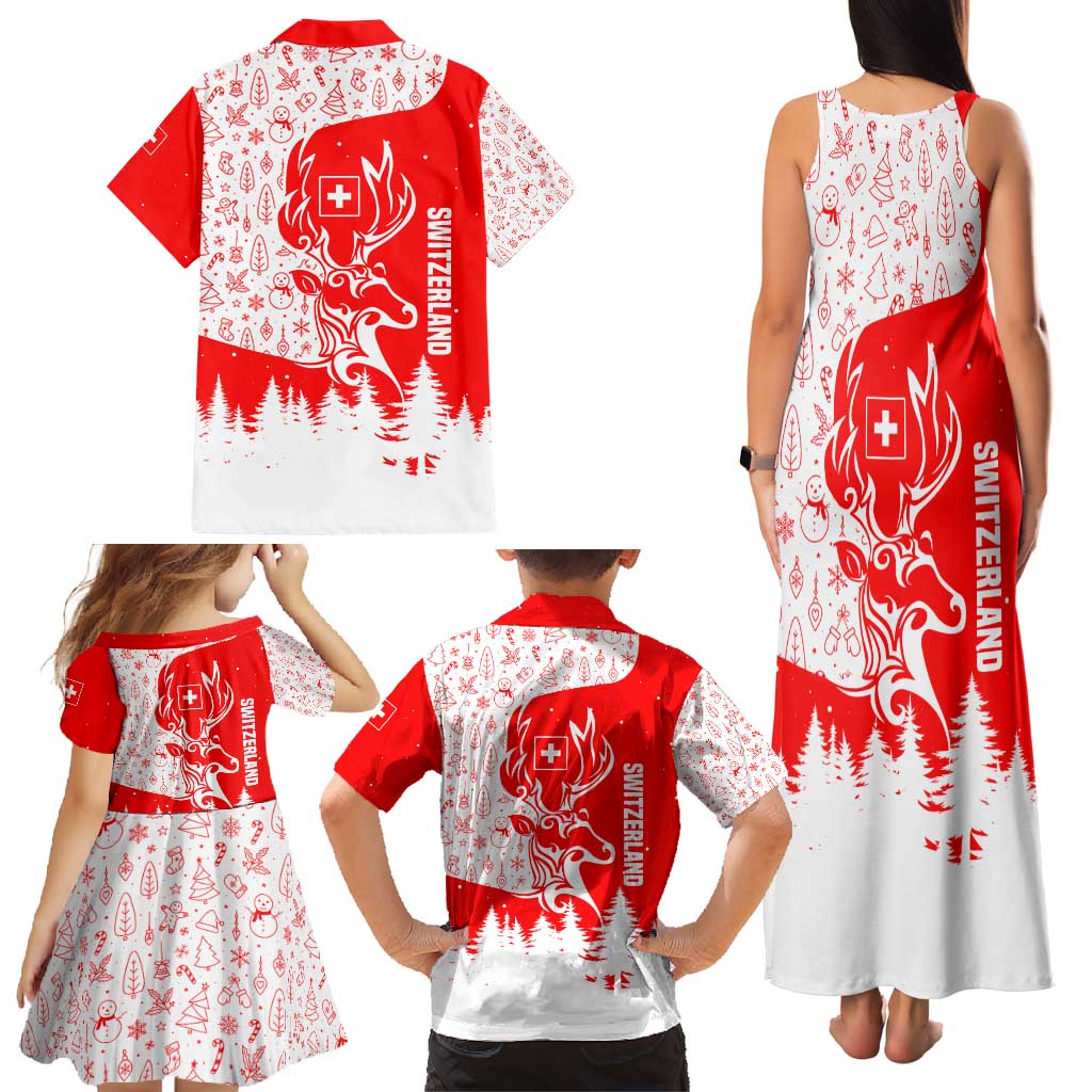 Switzerland Christmas Family Matching Tank Maxi Dress and Hawaiian Shirt with Red Reindeer Snow Forest and Holiday Icon - Wonder Print Shop