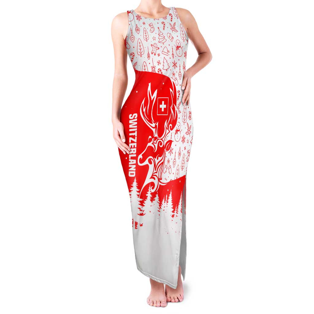 Switzerland Christmas Family Matching Tank Maxi Dress and Hawaiian Shirt with Red Reindeer Snow Forest and Holiday Icon - Wonder Print Shop