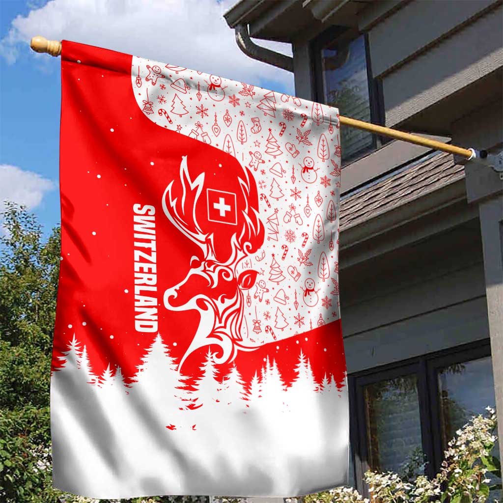 Switzerland Christmas Garden Flag with Red Reindeer Snow Forest and Holiday Icon - Wonder Print Shop