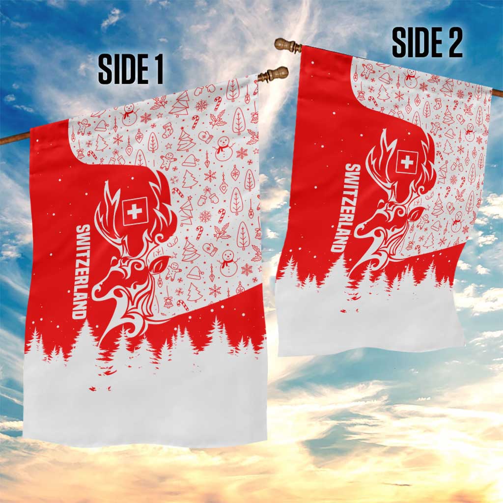 Switzerland Christmas Garden Flag with Red Reindeer Snow Forest and Holiday Icon - Wonder Print Shop