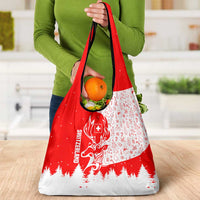 Switzerland Christmas Grocery Bag with Red Reindeer Snow Forest and Holiday Icon - Wonder Print Shop