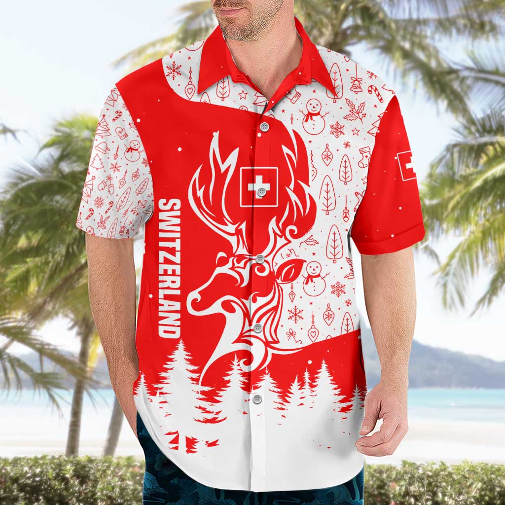 Switzerland Christmas Hawaiian Shirt with Red Reindeer Snow Forest and Holiday Icon - Wonder Print Shop