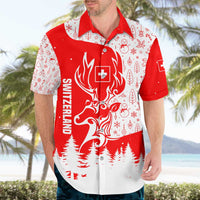 Switzerland Christmas Hawaiian Shirt with Red Reindeer Snow Forest and Holiday Icon - Wonder Print Shop