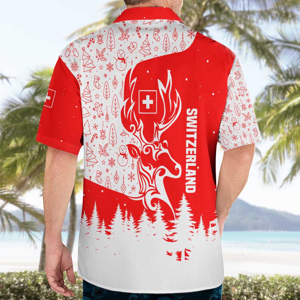 Switzerland Christmas Hawaiian Shirt with Red Reindeer Snow Forest and Holiday Icon - Wonder Print Shop