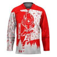 Switzerland Christmas Hockey Jersey with Red Reindeer Snow Forest and Holiday Icon - Wonder Print Shop