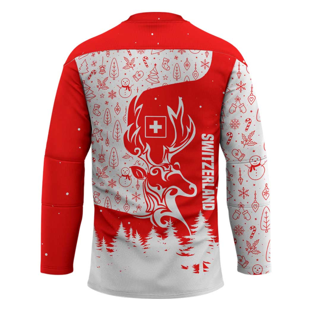 Switzerland Christmas Hockey Jersey with Red Reindeer Snow Forest and Holiday Icon - Wonder Print Shop