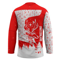 Switzerland Christmas Hockey Jersey with Red Reindeer Snow Forest and Holiday Icon - Wonder Print Shop