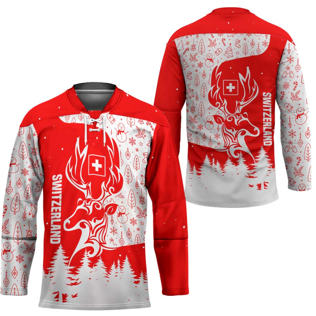 Switzerland Christmas Hockey Jersey with Red Reindeer Snow Forest and Holiday Icon - Wonder Print Shop