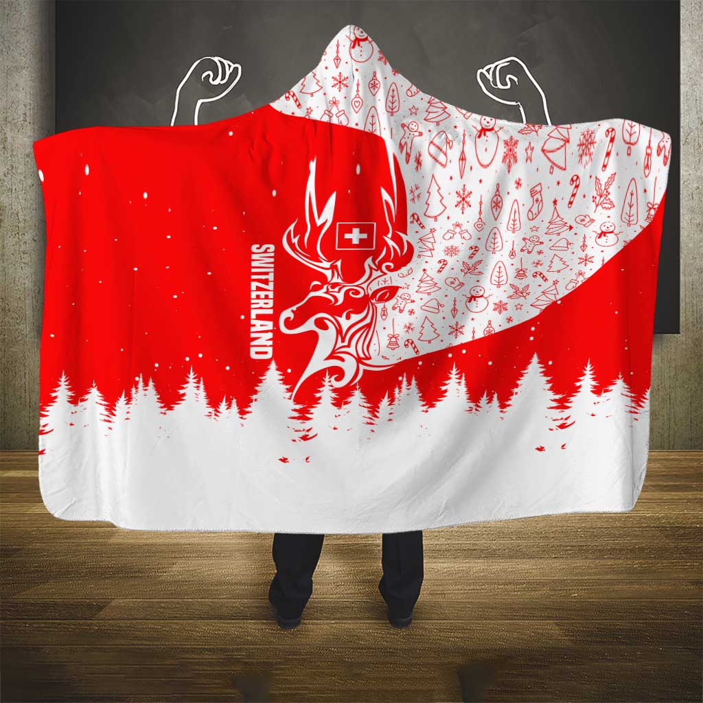 Switzerland Christmas Hooded Blanket with Red Reindeer Snow Forest and Holiday Icon - Wonder Print Shop