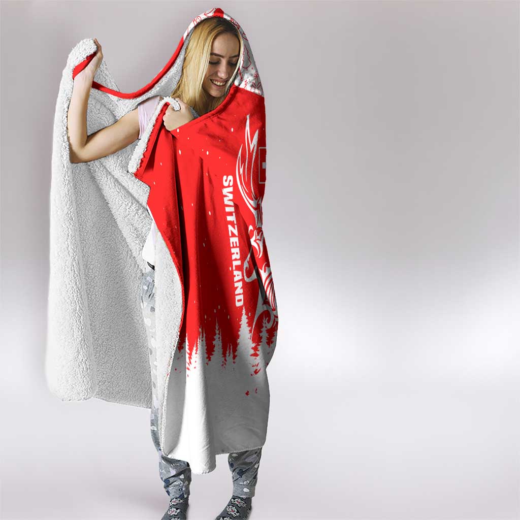 Switzerland Christmas Hooded Blanket with Red Reindeer Snow Forest and Holiday Icon - Wonder Print Shop