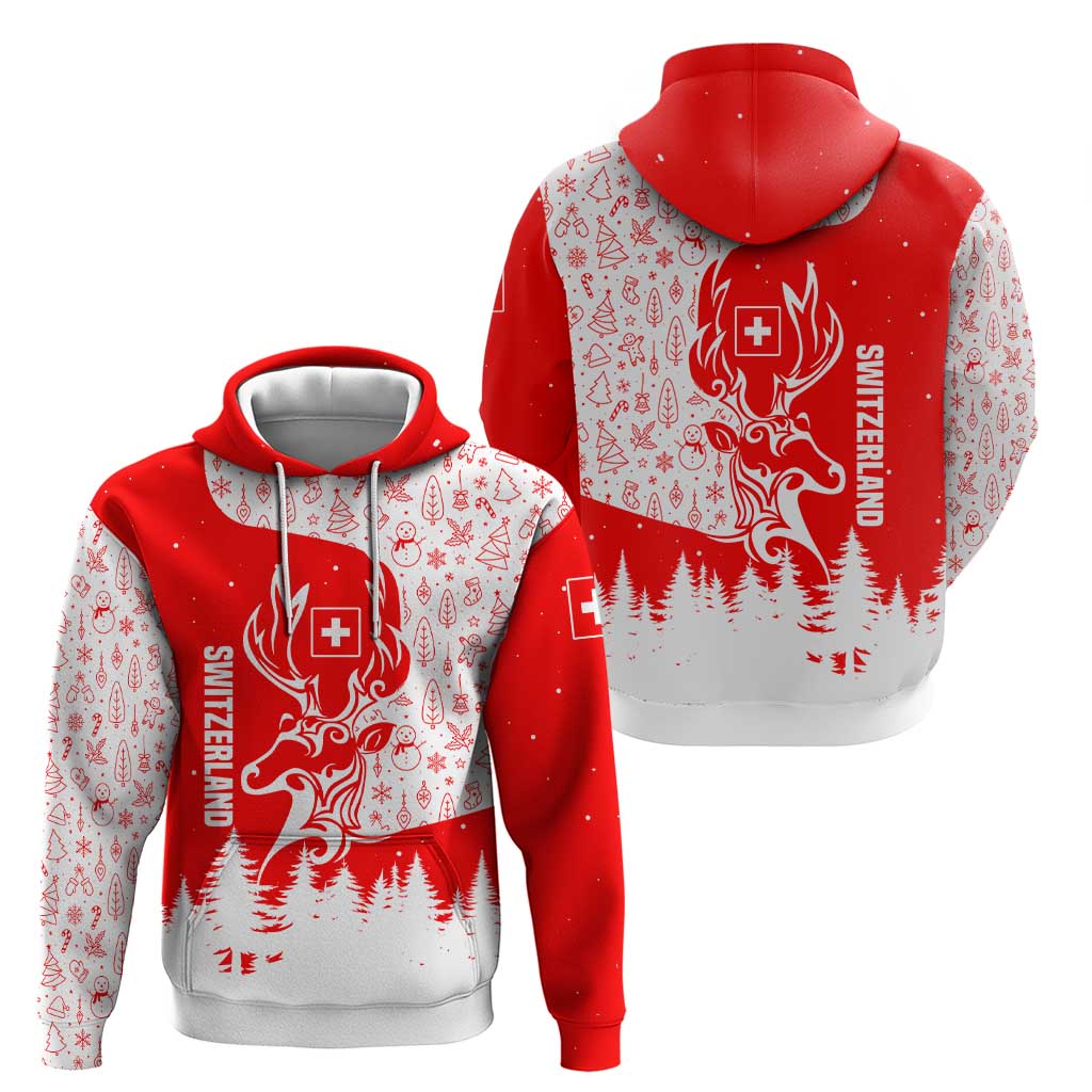 Switzerland Christmas Hoodie with Red Reindeer Snow Forest and Holiday Icon - Wonder Print Shop