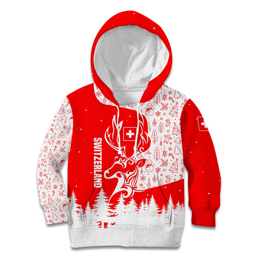 Switzerland Christmas Kid Hoodie with Red Reindeer Snow Forest and Holiday Icon - Wonder Print Shop