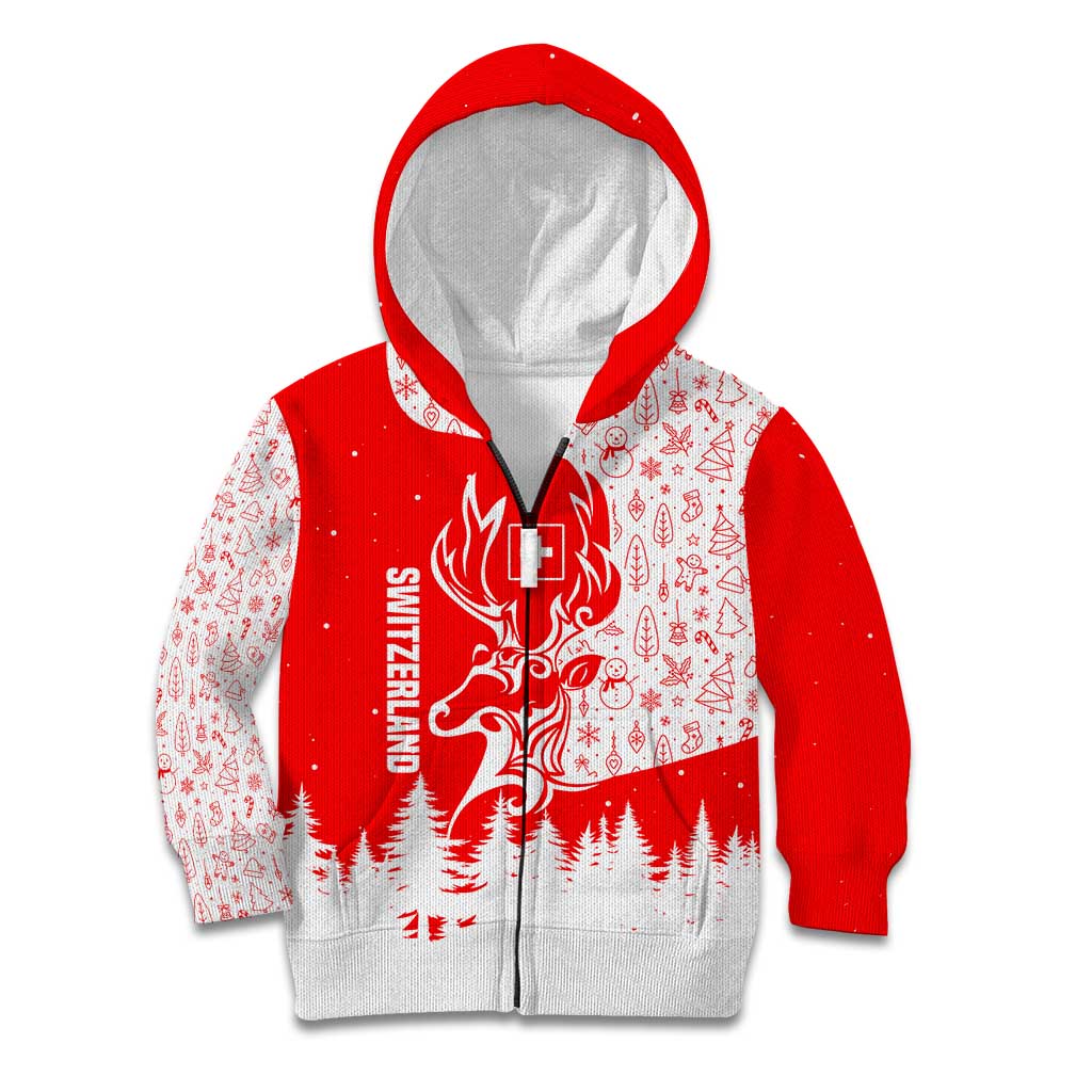 Switzerland Christmas Kid Hoodie with Red Reindeer Snow Forest and Holiday Icon - Wonder Print Shop
