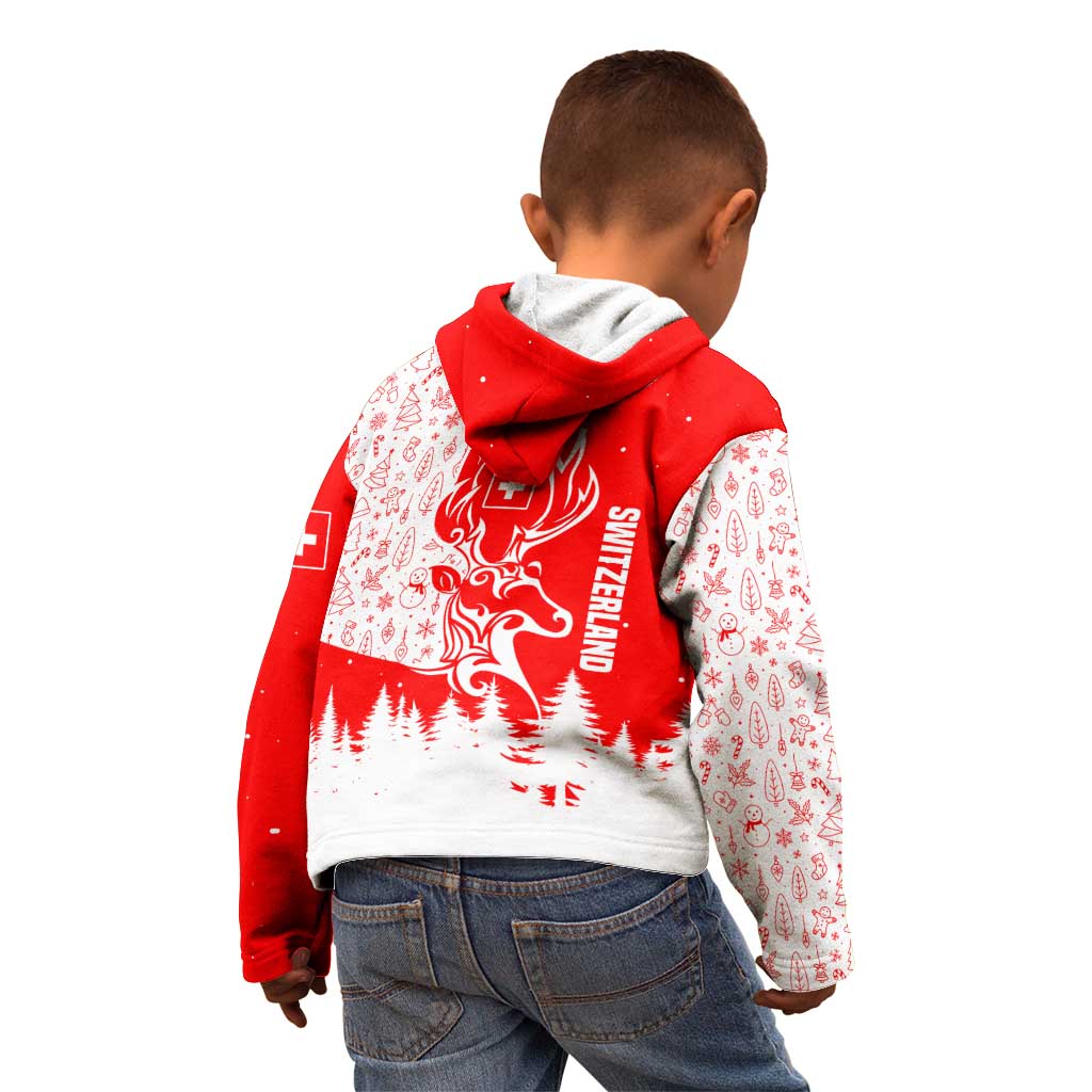 Switzerland Christmas Kid Hoodie with Red Reindeer Snow Forest and Holiday Icon - Wonder Print Shop