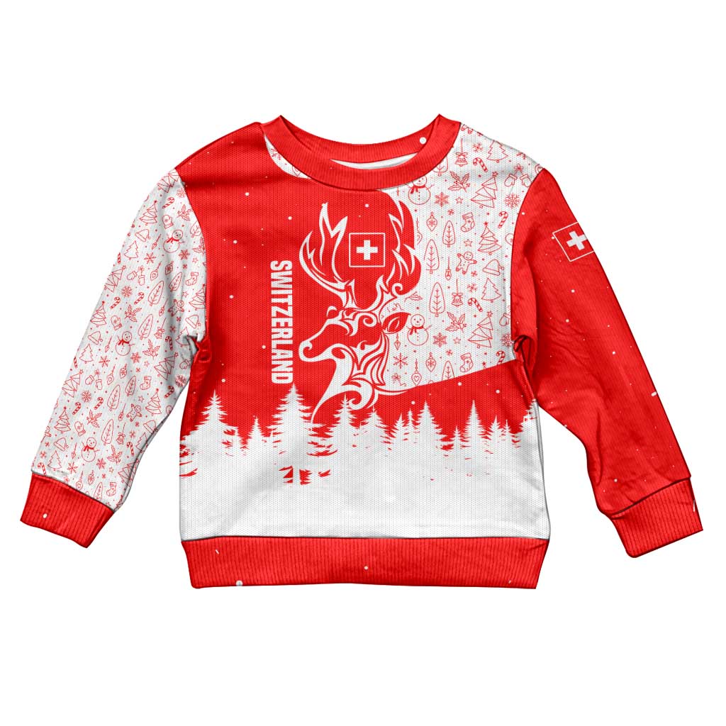 Switzerland Christmas Kid Ugly Christmas Sweater with Red Reindeer Snow Forest and Holiday Icon - Wonder Print Shop