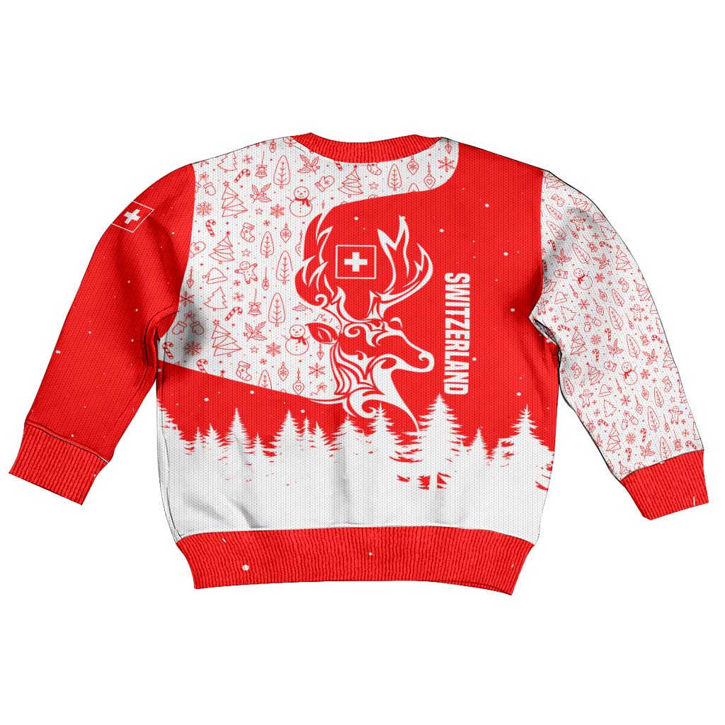 Switzerland Christmas Kid Ugly Christmas Sweater with Red Reindeer Snow Forest and Holiday Icon - Wonder Print Shop