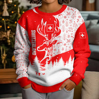 Switzerland Christmas Kid Ugly Christmas Sweater with Red Reindeer Snow Forest and Holiday Icon - Wonder Print Shop